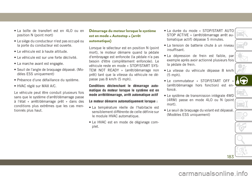 JEEP WRANGLER UNLIMITED 2019 Notice dentretien (in French) • La boîte de transfert est en 4LO ou en
position N (point mort)
• Le siège du conducteur n'est pas occupé ou
la porte du conducteur est ouverte.
• Le véhicule est à haute altitude.
• JEEP WRANGLER UNLIMITED 2019 Notice dentretien (in French) • La boîte de transfert est en 4LO ou en
position N (point mort)
• Le siège du conducteur n'est pas occupé ou
la porte du conducteur est ouverte.
• Le véhicule est à haute altitude.
•