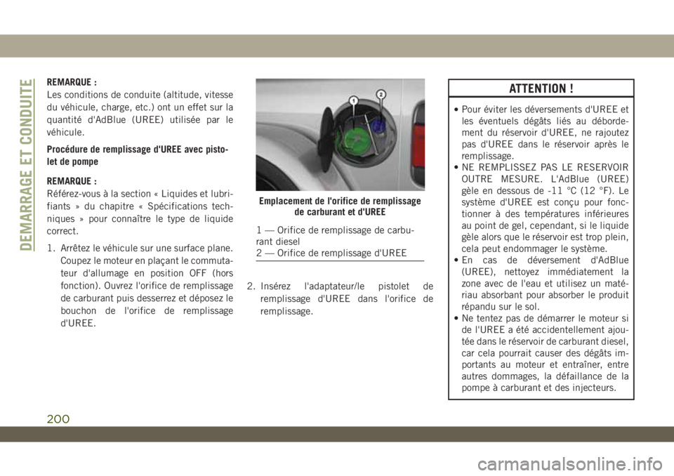 JEEP WRANGLER UNLIMITED 2019 Notice dentretien (in French) REMARQUE :
Les conditions de conduite (altitude, vitesse
du véhicule, charge, etc.) ont un effet sur la
quantité d'AdBlue (UREE) utilisée par le
véhicule.
Procédure de remplissage d'UREE JEEP WRANGLER UNLIMITED 2019 Notice dentretien (in French) REMARQUE :
Les conditions de conduite (altitude, vitesse
du véhicule, charge, etc.) ont un effet sur la
quantité d'AdBlue (UREE) utilisée par le
véhicule.
Procédure de remplissage d'UREE