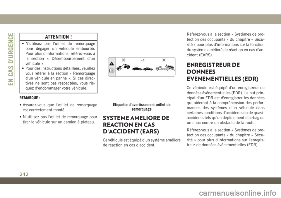 JEEP WRANGLER UNLIMITED 2019 Notice dentretien (in French) ATTENTION !
• N'utilisez pas l'œillet de remorquage
pour dégager un véhicule embourbé.
Pour plus d'informations, référez-vous à
la section « Désembourbement d'un
véhicule JEEP WRANGLER UNLIMITED 2019 Notice dentretien (in French) ATTENTION !
• N'utilisez pas l'œillet de remorquage
pour dégager un véhicule embourbé.
Pour plus d'informations, référez-vous à
la section « Désembourbement d'un
véhicule