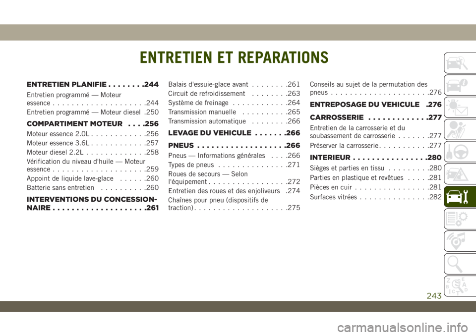 JEEP WRANGLER UNLIMITED 2019 Notice dentretien (in French) ENTRETIEN ET REPARATIONS
ENTRETIEN PLANIFIE........244
Entretien programmé — Moteur
essence....................244
Entretien programmé — Moteur diesel .250
COMPARTIMENT MOTEUR. . . .256
Moteur e JEEP WRANGLER UNLIMITED 2019 Notice dentretien (in French) ENTRETIEN ET REPARATIONS
ENTRETIEN PLANIFIE........244
Entretien programmé — Moteur
essence....................244
Entretien programmé — Moteur diesel .250
COMPARTIMENT MOTEUR. . . .256
Moteur e