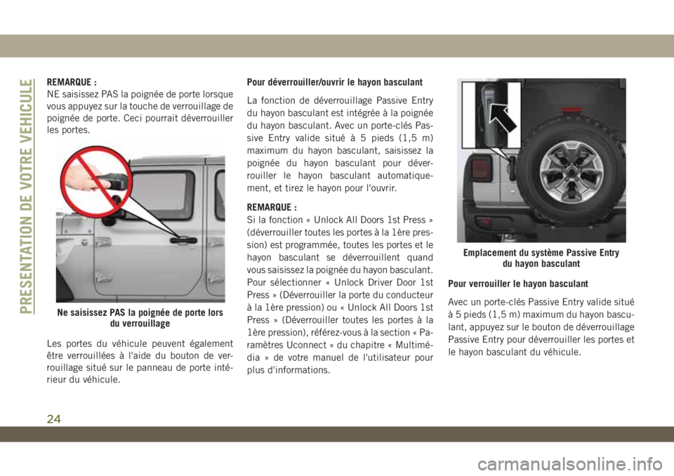 JEEP WRANGLER UNLIMITED 2019 Notice dentretien (in French) REMARQUE :
NE saisissez PAS la poignée de porte lorsque
vous appuyez sur la touche de verrouillage de
poignée de porte. Ceci pourrait déverrouiller
les portes.
Les portes du véhicule peuvent égal JEEP WRANGLER UNLIMITED 2019 Notice dentretien (in French) REMARQUE :
NE saisissez PAS la poignée de porte lorsque
vous appuyez sur la touche de verrouillage de
poignée de porte. Ceci pourrait déverrouiller
les portes.
Les portes du véhicule peuvent égal