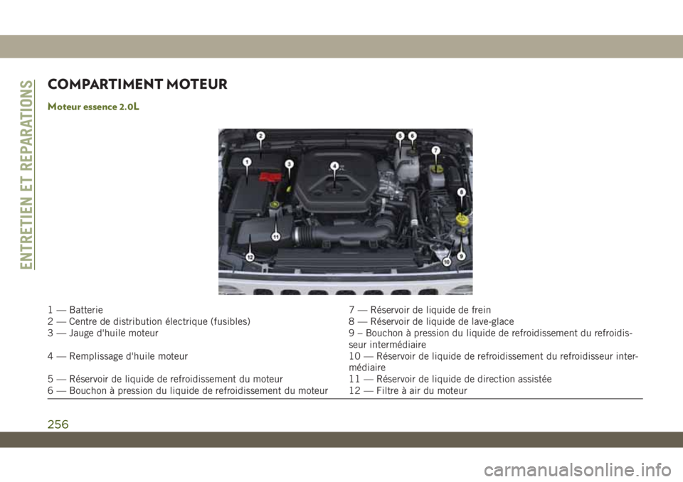 JEEP WRANGLER UNLIMITED 2019 Notice dentretien (in French) COMPARTIMENT MOTEUR
Moteur essence 2.0L
1 — Batterie 7 — Réservoir de liquide de frein
2 — Centre de distribution électrique (fusibles) 8 — Réservoir de liquide de lave-glace
3 — Jauge d& JEEP WRANGLER UNLIMITED 2019 Notice dentretien (in French) COMPARTIMENT MOTEUR
Moteur essence 2.0L
1 — Batterie 7 — Réservoir de liquide de frein
2 — Centre de distribution électrique (fusibles) 8 — Réservoir de liquide de lave-glace
3 — Jauge d&