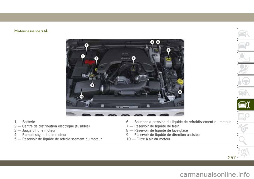 JEEP WRANGLER UNLIMITED 2019 Notice dentretien (in French) Moteur essence 3.6L
1 — Batterie 6 — Bouchon à pression du liquide de refroidissement du moteur
2 — Centre de distribution électrique (fusibles) 7 — Réservoir de liquide de frein
3 — Jaug JEEP WRANGLER UNLIMITED 2019 Notice dentretien (in French) Moteur essence 3.6L
1 — Batterie 6 — Bouchon à pression du liquide de refroidissement du moteur
2 — Centre de distribution électrique (fusibles) 7 — Réservoir de liquide de frein
3 — Jaug
