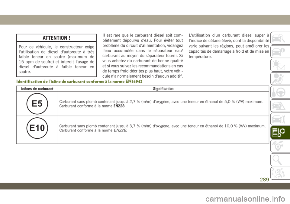 JEEP WRANGLER UNLIMITED 2019 Notice dentretien (in French) ATTENTION !
Pour ce véhicule, le constructeur exige
l'utilisation de diesel d'autoroute à très
faible teneur en soufre (maximum de
15 ppm de soufre) et interdit l'usage de
diesel d' JEEP WRANGLER UNLIMITED 2019 Notice dentretien (in French) ATTENTION !
Pour ce véhicule, le constructeur exige
l'utilisation de diesel d'autoroute à très
faible teneur en soufre (maximum de
15 ppm de soufre) et interdit l'usage de
diesel d'