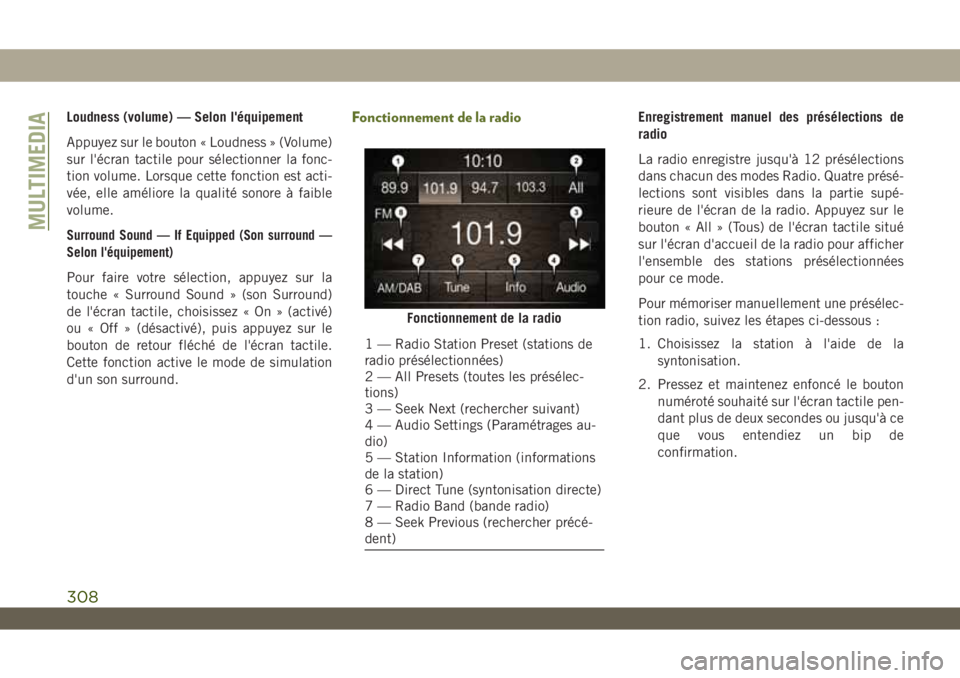 JEEP WRANGLER UNLIMITED 2018  Notice dentretien (in French) Loudness (volume) — Selon l'équipement
Appuyez sur le bouton « Loudness » (Volume)
sur l'écran tactile pour sélectionner la fonc-
tion volume. Lorsque cette fonction est acti-
vée, ell