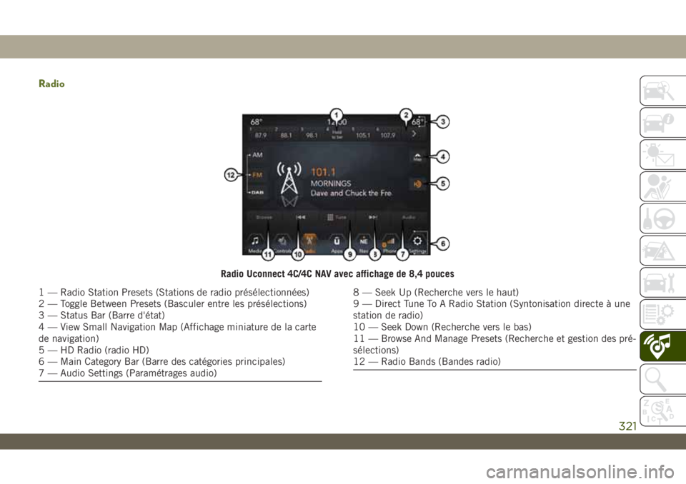JEEP WRANGLER UNLIMITED 2019 Notice dentretien (in French) Radio
Radio Uconnect 4C/4C NAV avec affichage de 8,4 pouces
1 — Radio Station Presets (Stations de radio présélectionnées)
2 — Toggle Between Presets (Basculer entre les présélections)
3 — JEEP WRANGLER UNLIMITED 2019 Notice dentretien (in French) Radio
Radio Uconnect 4C/4C NAV avec affichage de 8,4 pouces
1 — Radio Station Presets (Stations de radio présélectionnées)
2 — Toggle Between Presets (Basculer entre les présélections)
3 —