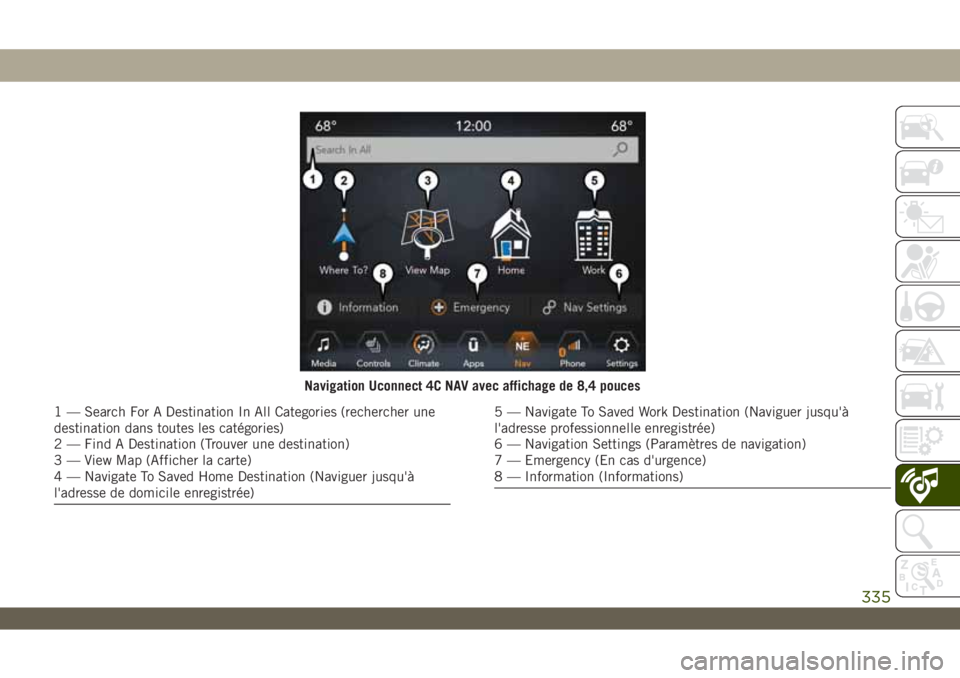 JEEP WRANGLER UNLIMITED 2019 Notice dentretien (in French) Navigation Uconnect 4C NAV avec affichage de 8,4 pouces
1 — Search For A Destination In All Categories (rechercher une
destination dans toutes les catégories)
2 — Find A Destination (Trouver une JEEP WRANGLER UNLIMITED 2019 Notice dentretien (in French) Navigation Uconnect 4C NAV avec affichage de 8,4 pouces
1 — Search For A Destination In All Categories (rechercher une
destination dans toutes les catégories)
2 — Find A Destination (Trouver une