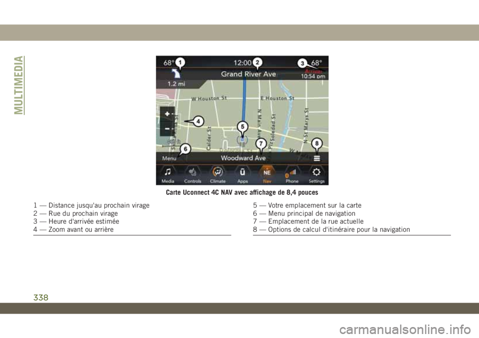 JEEP WRANGLER UNLIMITED 2019 Notice dentretien (in French) Carte Uconnect 4C NAV avec affichage de 8,4 pouces
1 — Distance jusqu'au prochain virage
2 — Rue du prochain virage
3 — Heure d'arrivée estimée
4 — Zoom avant ou arrière5 — Votre JEEP WRANGLER UNLIMITED 2019 Notice dentretien (in French) Carte Uconnect 4C NAV avec affichage de 8,4 pouces
1 — Distance jusqu'au prochain virage
2 — Rue du prochain virage
3 — Heure d'arrivée estimée
4 — Zoom avant ou arrière5 — Votre