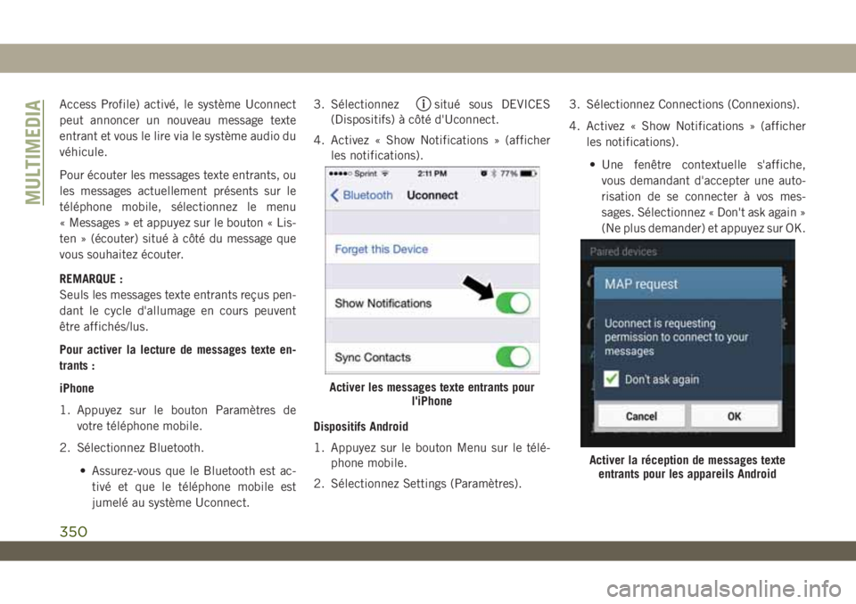JEEP WRANGLER UNLIMITED 2019 Notice dentretien (in French) Access Profile) activé, le système Uconnect
peut annoncer un nouveau message texte
entrant et vous le lire via le système audio du
véhicule.
Pour écouter les messages texte entrants, ou
les messa JEEP WRANGLER UNLIMITED 2019 Notice dentretien (in French) Access Profile) activé, le système Uconnect
peut annoncer un nouveau message texte
entrant et vous le lire via le système audio du
véhicule.
Pour écouter les messages texte entrants, ou
les messa