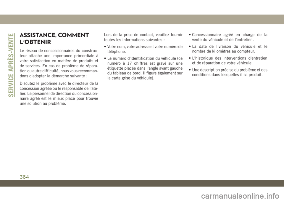 JEEP WRANGLER UNLIMITED 2019 Notice dentretien (in French) ASSISTANCE, COMMENT
L'OBTENIR
Le réseau de concessionnaires du construc-
teur attache une importance primordiale à
votre satisfaction en matière de produits et
de services. En cas de problème JEEP WRANGLER UNLIMITED 2019 Notice dentretien (in French) ASSISTANCE, COMMENT
L'OBTENIR
Le réseau de concessionnaires du construc-
teur attache une importance primordiale à
votre satisfaction en matière de produits et
de services. En cas de problème