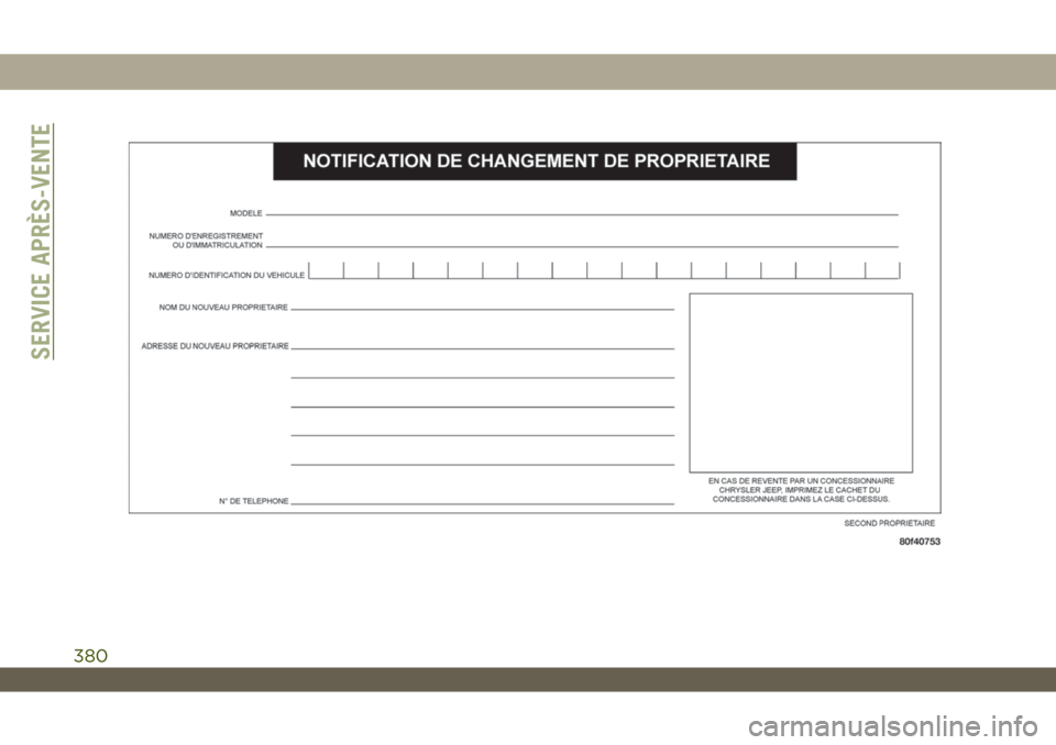 JEEP WRANGLER UNLIMITED 2019 Notice dentretien (in French) SERVICE APRÈS-VENTE
380 JEEP WRANGLER UNLIMITED 2019 Notice dentretien (in French) SERVICE APRÈS-VENTE
380