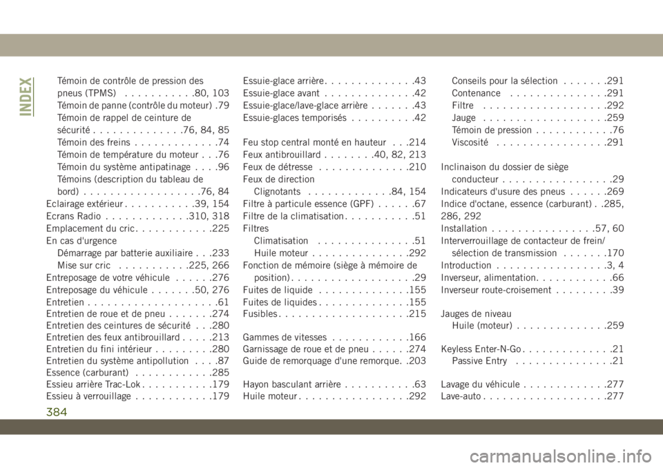 JEEP WRANGLER UNLIMITED 2019  Notice dentretien (in French) Témoin de contrôle de pression des
pneus (TPMS)...........80, 103
Témoin de panne (contrôle du moteur) .79
Témoin de rappel de ceinture de
sécurité..............76, 84, 85
Témoin des freins...