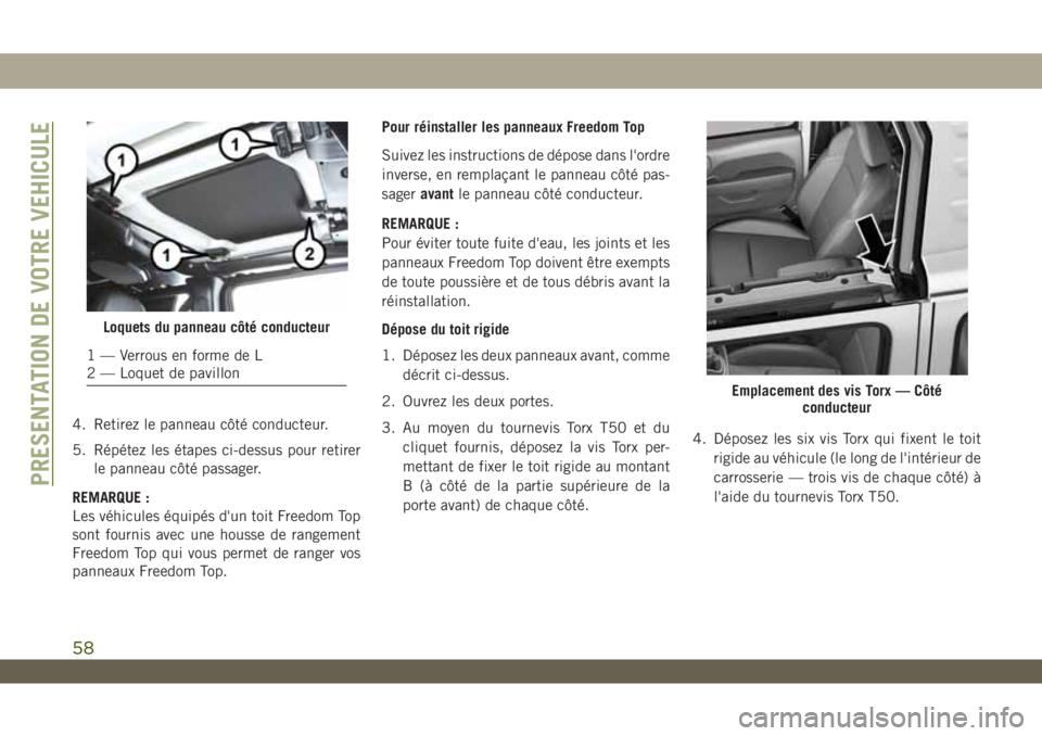 JEEP WRANGLER UNLIMITED 2019 Notice dentretien (in French) 4. Retirez le panneau côté conducteur.
5. Répétez les étapes ci-dessus pour retirer
le panneau côté passager.
REMARQUE :
Les véhicules équipés d'un toit Freedom Top
sont fournis avec une JEEP WRANGLER UNLIMITED 2019 Notice dentretien (in French) 4. Retirez le panneau côté conducteur.
5. Répétez les étapes ci-dessus pour retirer
le panneau côté passager.
REMARQUE :
Les véhicules équipés d'un toit Freedom Top
sont fournis avec une
