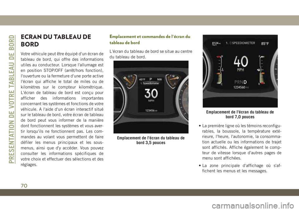 JEEP WRANGLER UNLIMITED 2019 Notice dentretien (in French) ECRAN DU TABLEAU DE
BORD
Votre véhicule peut être équipé d'un écran de
tableau de bord, qui offre des informations
utiles au conducteur. Lorsque l'allumage est
en position STOP/OFF (arrê JEEP WRANGLER UNLIMITED 2019 Notice dentretien (in French) ECRAN DU TABLEAU DE
BORD
Votre véhicule peut être équipé d'un écran de
tableau de bord, qui offre des informations
utiles au conducteur. Lorsque l'allumage est
en position STOP/OFF (arrê