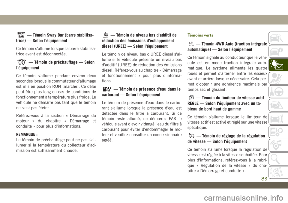 JEEP WRANGLER UNLIMITED 2019 Notice dentretien (in French) — Témoin Sway Bar (barre stabilisa-
trice) — Selon l'équipement
Ce témoin s'allume lorsque la barre stabilisa-
trice avant est déconnectée.
— Témoin de préchauffage — Selon
l JEEP WRANGLER UNLIMITED 2019 Notice dentretien (in French) — Témoin Sway Bar (barre stabilisa-
trice) — Selon l'équipement
Ce témoin s'allume lorsque la barre stabilisa-
trice avant est déconnectée.
— Témoin de préchauffage — Selon
l