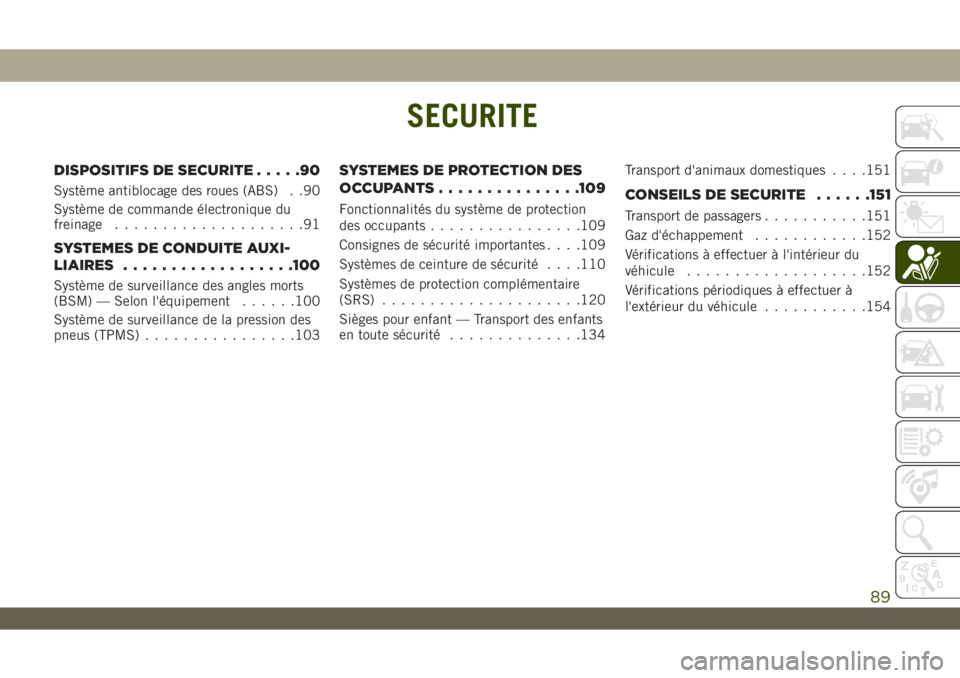 JEEP WRANGLER UNLIMITED 2019 Notice dentretien (in French) SECURITE
DISPOSITIFS DE SECURITE.....90
Système antiblocage des roues (ABS) . .90
Système de commande électronique du
freinage....................91
SYSTEMES DE CONDUITE AUXI-
LIAIRES.............. JEEP WRANGLER UNLIMITED 2019 Notice dentretien (in French) SECURITE
DISPOSITIFS DE SECURITE.....90
Système antiblocage des roues (ABS) . .90
Système de commande électronique du
freinage....................91
SYSTEMES DE CONDUITE AUXI-
LIAIRES..............