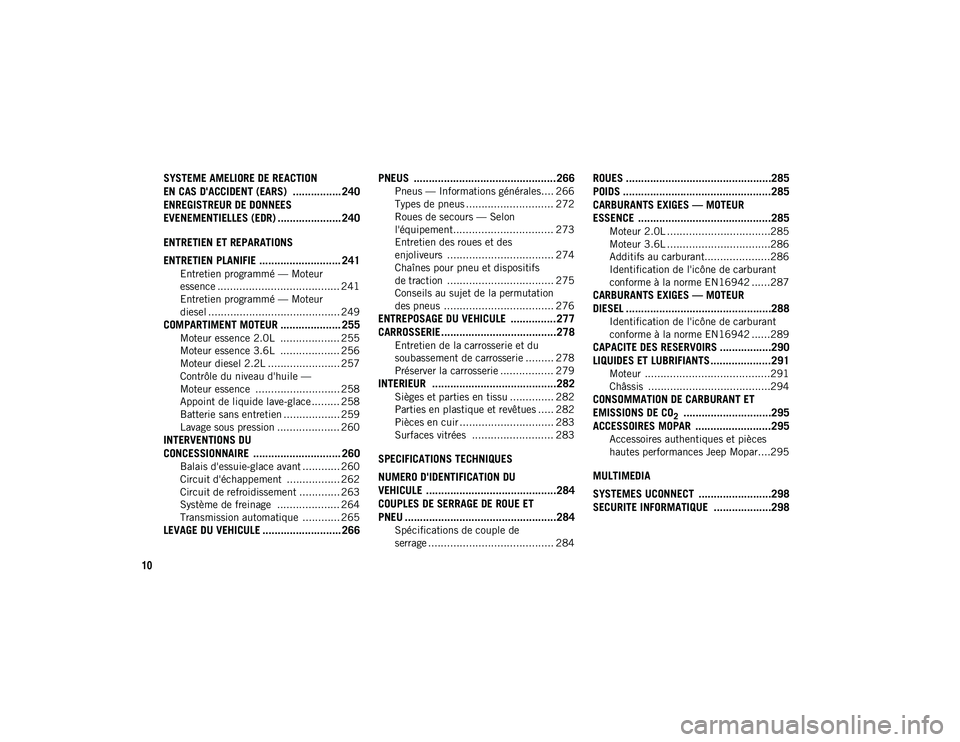 JEEP WRANGLER UNLIMITED 2020  Notice dentretien (in French) 10
SYSTEME AMELIORE DE REACTION 
EN CAS D'ACCIDENT (EARS)  ................ 240
ENREGISTREUR DE DONNEES 
EVENEMENTIELLES (EDR) ..................... 240ENTRETIEN ET REPARATIONS
ENTRETIEN PLANIFIE 