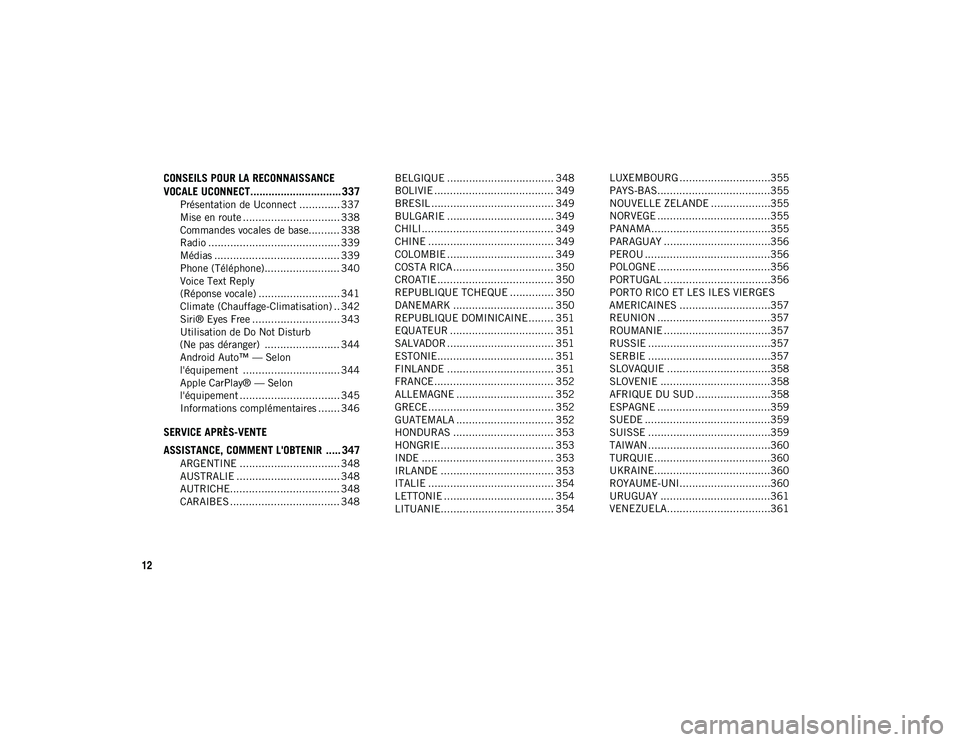 JEEP WRANGLER UNLIMITED 2021  Notice dentretien (in French) 12
CONSEILS POUR LA RECONNAISSANCE 
VOCALE UCONNECT.............................. 337
Présentation de Uconnect ............. 337
Mise en route ............................... 338
Commandes vocales de