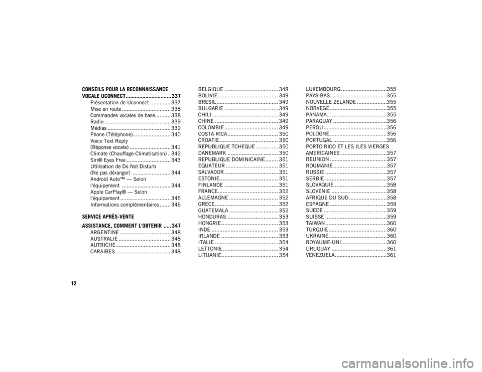 JEEP WRANGLER UNLIMITED 2020  Notice dentretien (in French) 12
CONSEILS POUR LA RECONNAISSANCE 
VOCALE UCONNECT.............................. 337
Présentation de Uconnect ............. 337
Mise en route ............................... 338
Commandes vocales de