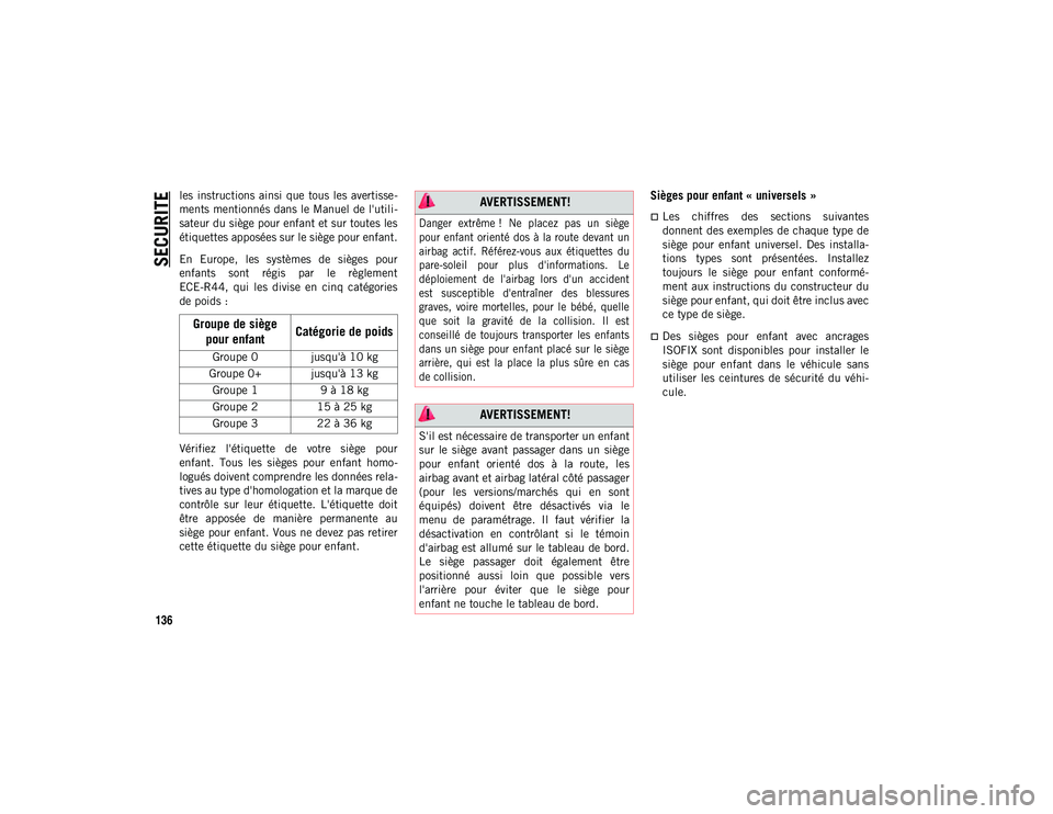 JEEP WRANGLER UNLIMITED 2020  Notice dentretien (in French) SECURITE
136
les  instructions ainsi  que  tous les avertisse-
ments mentionnés dans le Manuel de l'utili -
sateur du siège pour enfant et sur toutes les
étiquettes apposées sur le siège pour