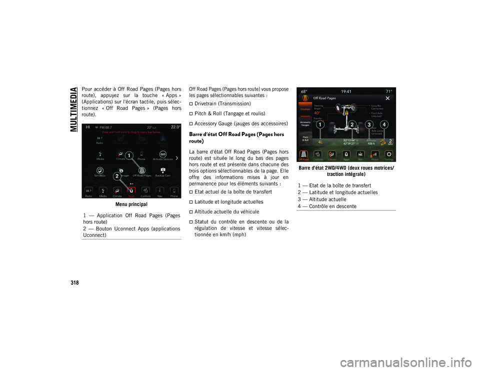 JEEP WRANGLER UNLIMITED 2020 Notice dentretien (in French) MULTIMEDIA
318
Pour accéder à Off Road Pages (Pages hors
route), appuyez sur la touche « Apps »
(Applications) sur l'écran tactile, puis sélec-
tionnez « Off Road Pages » ( JEEP WRANGLER UNLIMITED 2020 Notice dentretien (in French) MULTIMEDIA
318
Pour accéder à Off Road Pages (Pages hors
route), appuyez sur la touche « Apps »
(Applications) sur l'écran tactile, puis sélec-
tionnez « Off Road Pages » (