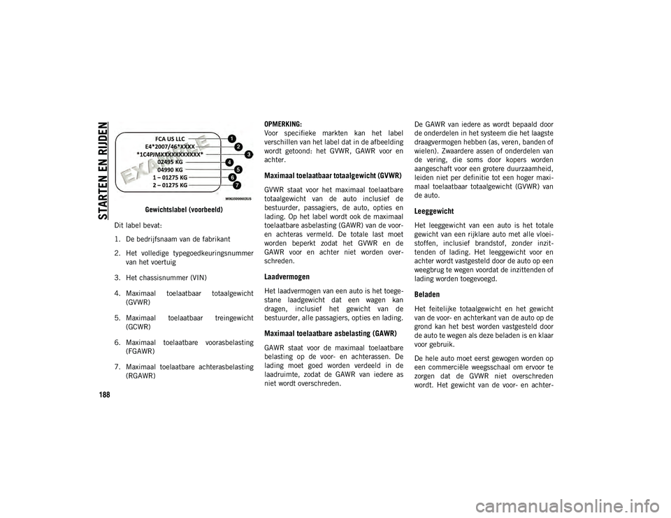 JEEP WRANGLER UNLIMITED 2021 Instructieboek (in Dutch) STARTEN EN RIJDEN
188
Gewichtslabel (voorbeeld)
Dit label bevat:
1. De bedrijfsnaam van de fabrikant
2. Het volledige typegoedkeuringsnummer van het voertuig
3. Het chassisnummer (VIN)
4. Maximaal JEEP WRANGLER UNLIMITED 2021 Instructieboek (in Dutch) STARTEN EN RIJDEN
188
Gewichtslabel (voorbeeld)
Dit label bevat:
1. De bedrijfsnaam van de fabrikant
2. Het volledige typegoedkeuringsnummer van het voertuig
3. Het chassisnummer (VIN)
4. Maximaal