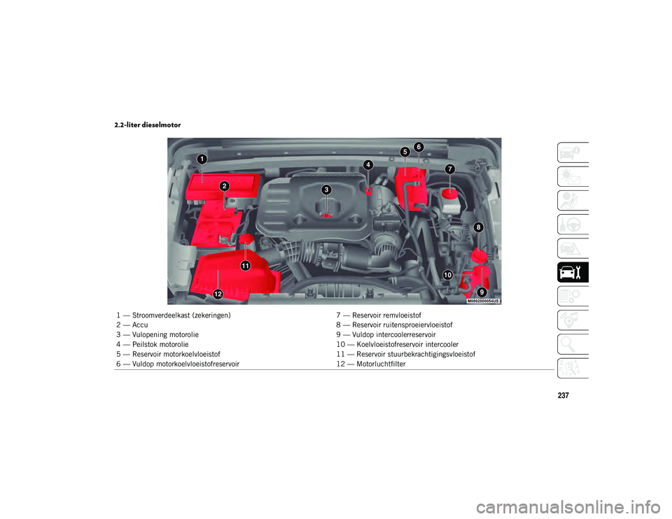 JEEP WRANGLER UNLIMITED 2021 Instructieboek (in Dutch) 237
2.2-liter dieselmotor
1 — Stroomverdeelkast (zekeringen)7 — Reservoir remvloeistof
2 — Accu 8 — Reservoir ruitensproeiervloeistof
3 — Vulopening motorolie 9 — Vuldop intercoolerreservo JEEP WRANGLER UNLIMITED 2021 Instructieboek (in Dutch) 237
2.2-liter dieselmotor
1 — Stroomverdeelkast (zekeringen)7 — Reservoir remvloeistof
2 — Accu 8 — Reservoir ruitensproeiervloeistof
3 — Vulopening motorolie 9 — Vuldop intercoolerreservo