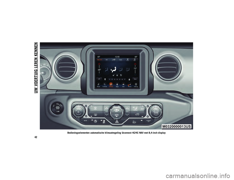 JEEP WRANGLER UNLIMITED 2020  Instructieboek (in Dutch) UW VOERTUIG LEREN KENNEN
42
Bedieningselementen automatische klimaatregeling Uconnect 4C/4C NAV met 8,4-inch display
2020_JEEP_JL_WRANGLER_UG_LHD_NL.book  Page 42   