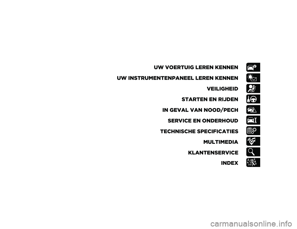 JEEP WRANGLER UNLIMITED 2020 Instructieboek (in Dutch) UW VOERTUIG LEREN KENNEN
UW INSTRUMENTENPANEEL LEREN KENNEN VEILIGHEID
STARTEN EN RIJDEN
IN GEVAL VAN NOOD/PECH SERVICE EN ONDERHOUD
TECHNISCHE SPECIFICATIES MULTIMEDIA
KLANTENSERVICE INDEX
2020_JEEP_ JEEP WRANGLER UNLIMITED 2020 Instructieboek (in Dutch) UW VOERTUIG LEREN KENNEN
UW INSTRUMENTENPANEEL LEREN KENNEN VEILIGHEID
STARTEN EN RIJDEN
IN GEVAL VAN NOOD/PECH SERVICE EN ONDERHOUD
TECHNISCHE SPECIFICATIES MULTIMEDIA
KLANTENSERVICE INDEX
2020_JEEP_