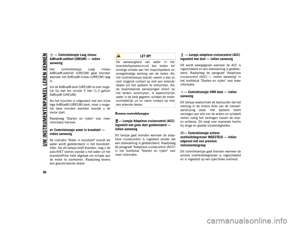 JEEP WRANGLER UNLIMITED 2020  Instructieboek (in Dutch) UW INSTRUMENTENPANEEL LEREN KENNEN
80
 — Controlelampje Laag niveau 
AdBlue®-additief (UREUM) — indien 
aanwezig
Het  controlelampje  Laag  niveau
AdBlue®-additief  (UREUM)  gaat  branden
wannee