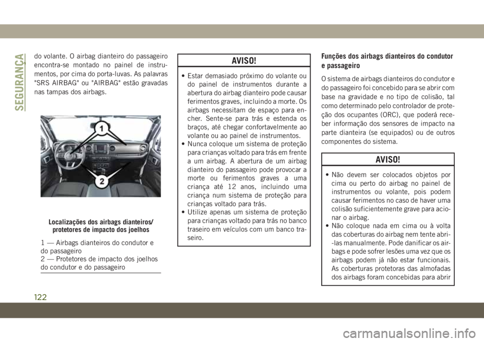 JEEP WRANGLER UNLIMITED 2019 Manual de Uso e Manutenção (in Portuguese) do volante. O airbag dianteiro do passageiro
encontra-se montado no painel de instru-
mentos, por cima do porta-luvas. As palavras
"SRS AIRBAG" ou "AIRBAG" estão gravadas
nas tampas d JEEP WRANGLER UNLIMITED 2019 Manual de Uso e Manutenção (in Portuguese) do volante. O airbag dianteiro do passageiro
encontra-se montado no painel de instru-
mentos, por cima do porta-luvas. As palavras
"SRS AIRBAG" ou "AIRBAG" estão gravadas
nas tampas d