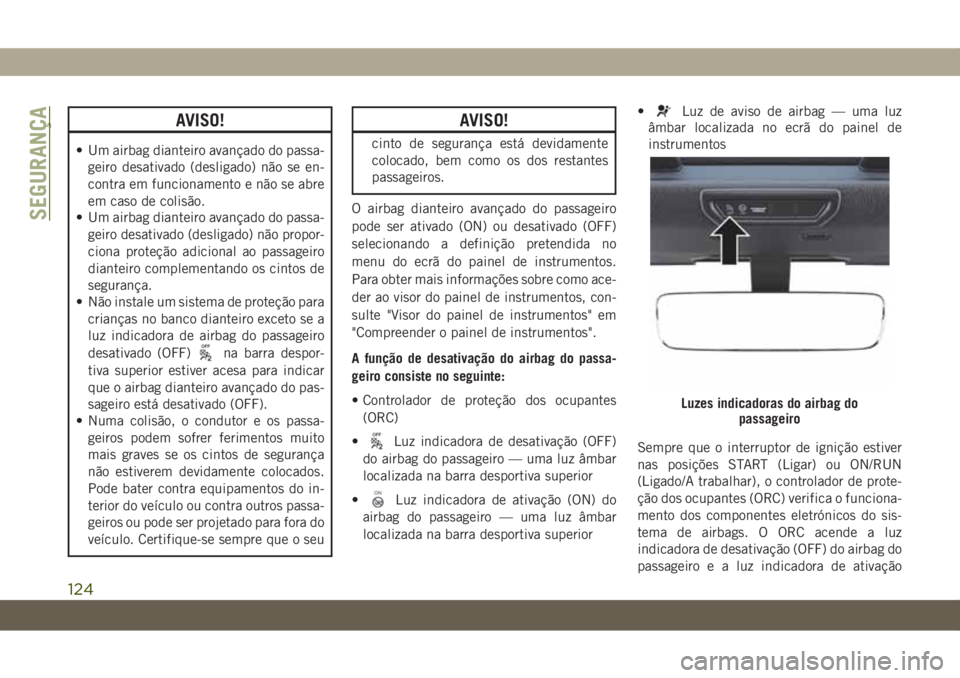 JEEP WRANGLER UNLIMITED 2019 Manual de Uso e Manutenção (in Portuguese) AVISO!
• Um airbag dianteiro avançado do passa-
geiro desativado (desligado) não se en-
contra em funcionamento e não se abre
em caso de colisão.
• Um airbag dianteiro avançado do passa-
geir JEEP WRANGLER UNLIMITED 2019 Manual de Uso e Manutenção (in Portuguese) AVISO!
• Um airbag dianteiro avançado do passa-
geiro desativado (desligado) não se en-
contra em funcionamento e não se abre
em caso de colisão.
• Um airbag dianteiro avançado do passa-
geir