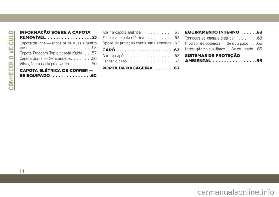 JEEP WRANGLER UNLIMITED 2019  Manual de Uso e Manutenção (in Portuguese) INFORMAÇÃO SOBRE A CAPOTA
REMOVÍVEL................53
Capota de lona — Modelos de duas e quatro
portas......................53
Capota Freedom Top e capota rígida....57
Capota dupla — Se equipa