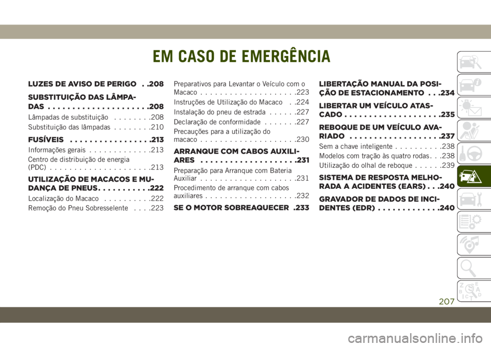 JEEP WRANGLER UNLIMITED 2018 Manual de Uso e Manutenção (in Portuguese) EM CASO DE EMERGÊNCIA
LUZES DE AVISO DE PERIGO . .208
SUBSTITUIÇÃO DAS LÂMPA-
DAS .....................208
Lâmpadas de substituição........208
Substituição das lâmpadas........210
FUSÍVEIS. JEEP WRANGLER UNLIMITED 2018 Manual de Uso e Manutenção (in Portuguese) EM CASO DE EMERGÊNCIA
LUZES DE AVISO DE PERIGO . .208
SUBSTITUIÇÃO DAS LÂMPA-
DAS .....................208
Lâmpadas de substituição........208
Substituição das lâmpadas........210
FUSÍVEIS.