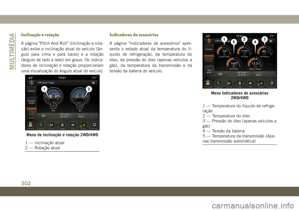 JEEP WRANGLER UNLIMITED 2018 Manual de Uso e Manutenção (in Portuguese) Inclinação e rotação
A página "Pitch And Roll" (Inclinação e rota-
ção) exibe a inclinação atual do veículo (ân-
gulo para cima e para baixo) e a rotação
(ângulo de lado a lado JEEP WRANGLER UNLIMITED 2018 Manual de Uso e Manutenção (in Portuguese) Inclinação e rotação
A página "Pitch And Roll" (Inclinação e rota-
ção) exibe a inclinação atual do veículo (ân-
gulo para cima e para baixo) e a rotação
(ângulo de lado a lado