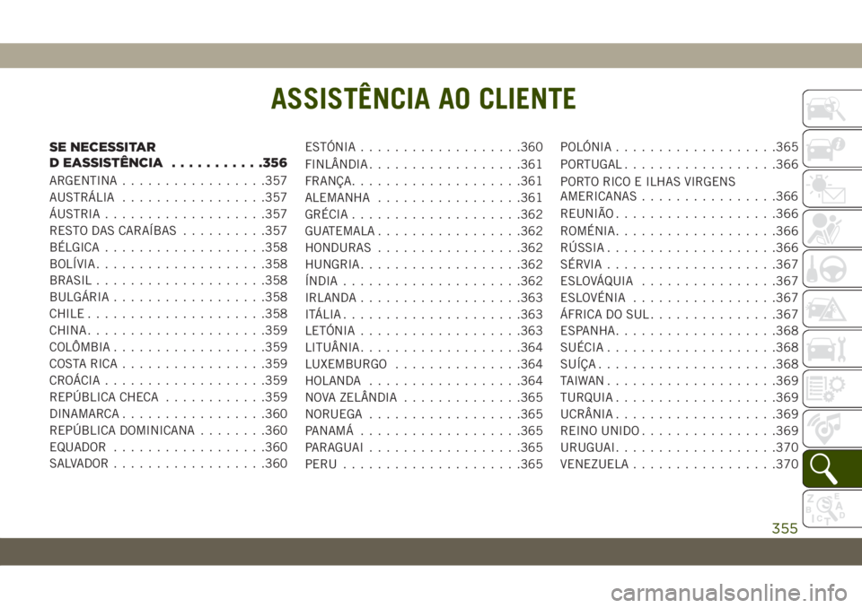JEEP WRANGLER UNLIMITED 2018  Manual de Uso e Manutenção (in Portuguese) ASSISTÊNCIA AO CLIENTE
SE NECESSITAR
D EASSISTÊNCIA...........356
ARGENTINA.................357
AUSTRÁLIA.................357
ÁUSTRIA...................357
RESTO DAS CARAÍBAS..........357
BÉLGIC