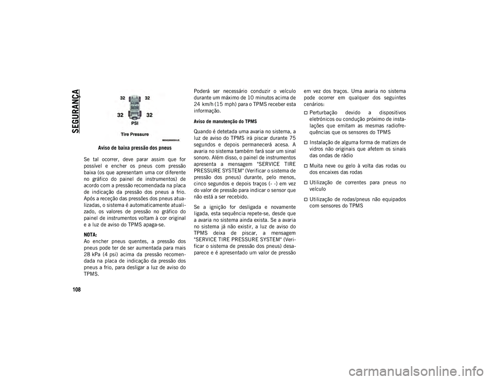 JEEP WRANGLER UNLIMITED 2021 Manual de Uso e Manutenção (in Portuguese) SEGURANÇA
108
Aviso de baixa pressão dos pneus
Se tal ocorrer, deve parar assim que for
possível e encher os pneus com pressão
baixa (os que apresentam uma cor diferente
no gráfico JEEP WRANGLER UNLIMITED 2021 Manual de Uso e Manutenção (in Portuguese) SEGURANÇA
108
Aviso de baixa pressão dos pneus
Se tal ocorrer, deve parar assim que for
possível e encher os pneus com pressão
baixa (os que apresentam uma cor diferente
no gráfico