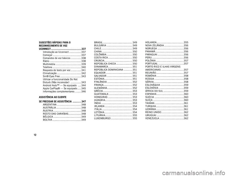 JEEP WRANGLER UNLIMITED 2020  Manual de Uso e Manutenção (in Portuguese) 12
SUGESTÕES RÁPIDAS PARA O 
RECONHECIMENTO DE VOZ 
UCONNECT .......................................... 337
Introdução ao Uconnect ................ 337
Começar ...................................