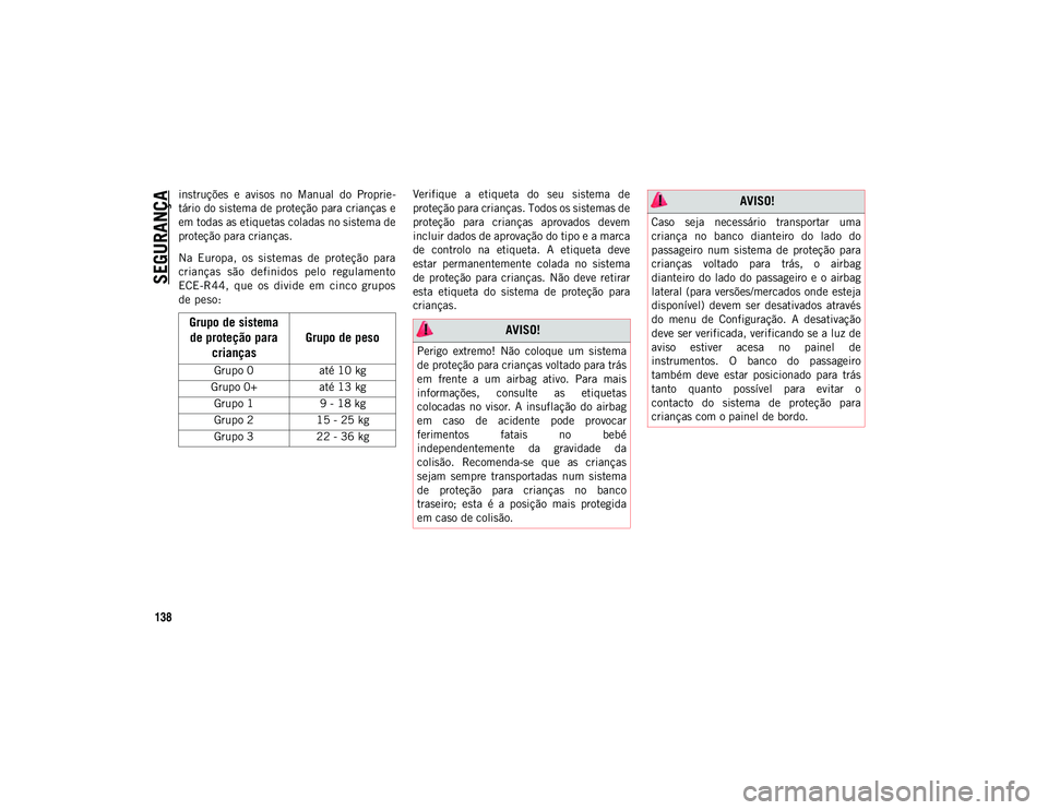 JEEP WRANGLER UNLIMITED 2021  Manual de Uso e Manutenção (in Portuguese) SEGURANÇA
138
instruções  e  avisos  no  Manual  do  Proprie-
tário do sistema de proteção para crianças e
em todas as etiquetas coladas no sistema de
proteção para crianças.
Na  Europa,  os