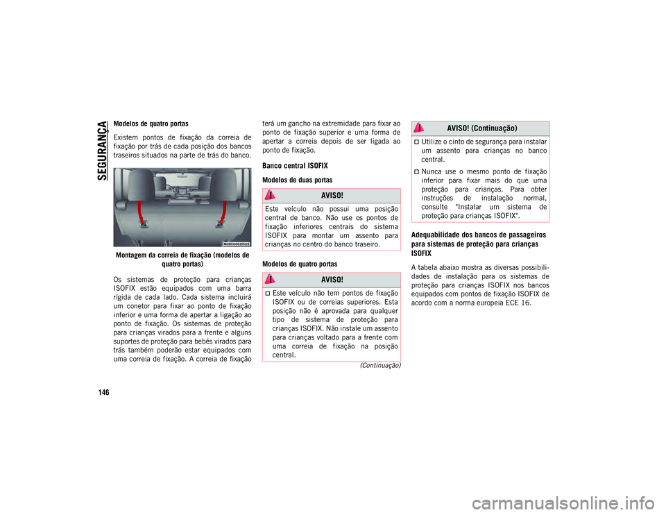 JEEP WRANGLER UNLIMITED 2021  Manual de Uso e Manutenção (in Portuguese) SEGURANÇA
146
(Continuação)
Modelos de quatro portas
Existem  pontos  de  fixação  da  correia  de
fixação por trás de cada posição dos bancos
traseiros situados na parte de trás do banco.M