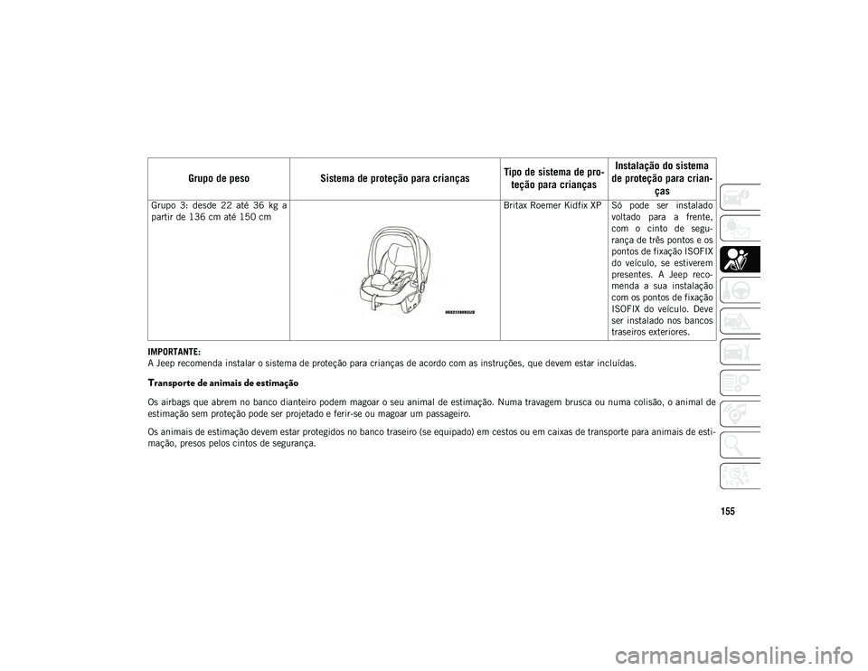 JEEP WRANGLER UNLIMITED 2021 Manual de Uso e Manutenção (in Portuguese) 155
IMPORTANTE:
A Jeep recomenda instalar o sistema de proteção para crianças de acordo com as instruções, que devem estar incluídas.
Transporte de animais de estimação
Os airbags que abrem JEEP WRANGLER UNLIMITED 2021 Manual de Uso e Manutenção (in Portuguese) 155
IMPORTANTE:
A Jeep recomenda instalar o sistema de proteção para crianças de acordo com as instruções, que devem estar incluídas.
Transporte de animais de estimação
Os airbags que abrem