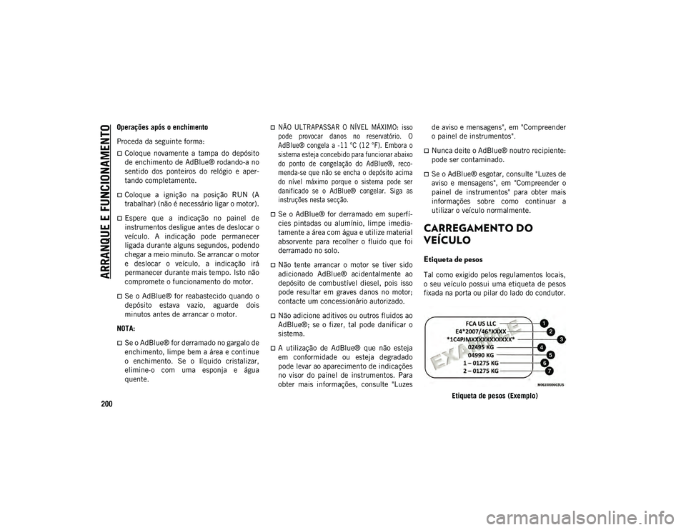 JEEP WRANGLER UNLIMITED 2021 Manual de Uso e Manutenção (in Portuguese) ARRANQUE E FUNCIONAMENTO
200
Operações após o enchimento
Proceda da seguinte forma:
Coloque novamente a tampa do depósito
de enchimento de AdBlue® rodando-a no
sentido dos ponteiros do JEEP WRANGLER UNLIMITED 2021 Manual de Uso e Manutenção (in Portuguese) ARRANQUE E FUNCIONAMENTO
200
Operações após o enchimento
Proceda da seguinte forma:
Coloque novamente a tampa do depósito
de enchimento de AdBlue® rodando-a no
sentido dos ponteiros do