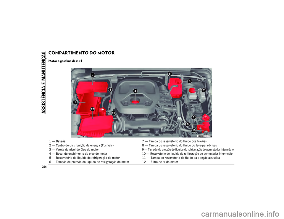 JEEP WRANGLER UNLIMITED 2021 Manual de Uso e Manutenção (in Portuguese) ASSISTÊNCIA E MANUTENÇÃO
254
COMPARTIMENTO DO MOTOR
Motor a gasolina de 2,0 l
1 — Bateria7 — Tampa do reservatório do fluido dos travões
2 — Centro de distribuição de energia (Fusívei JEEP WRANGLER UNLIMITED 2021 Manual de Uso e Manutenção (in Portuguese) ASSISTÊNCIA E MANUTENÇÃO
254
COMPARTIMENTO DO MOTOR
Motor a gasolina de 2,0 l
1 — Bateria7 — Tampa do reservatório do fluido dos travões
2 — Centro de distribuição de energia (Fusívei