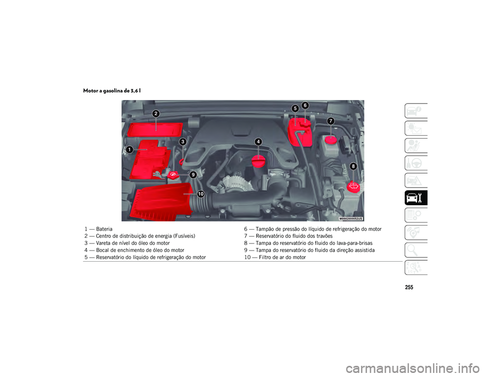 JEEP WRANGLER UNLIMITED 2021 Manual de Uso e Manutenção (in Portuguese) 255
Motor a gasolina de 3,6 l
1 — Bateria6 — Tampão de pressão do líquido de refrigeração do motor
2 — Centro de distribuição de energia (Fusíveis) 7 — Reservatório do fluido dos tra JEEP WRANGLER UNLIMITED 2021 Manual de Uso e Manutenção (in Portuguese) 255
Motor a gasolina de 3,6 l
1 — Bateria6 — Tampão de pressão do líquido de refrigeração do motor
2 — Centro de distribuição de energia (Fusíveis) 7 — Reservatório do fluido dos tra