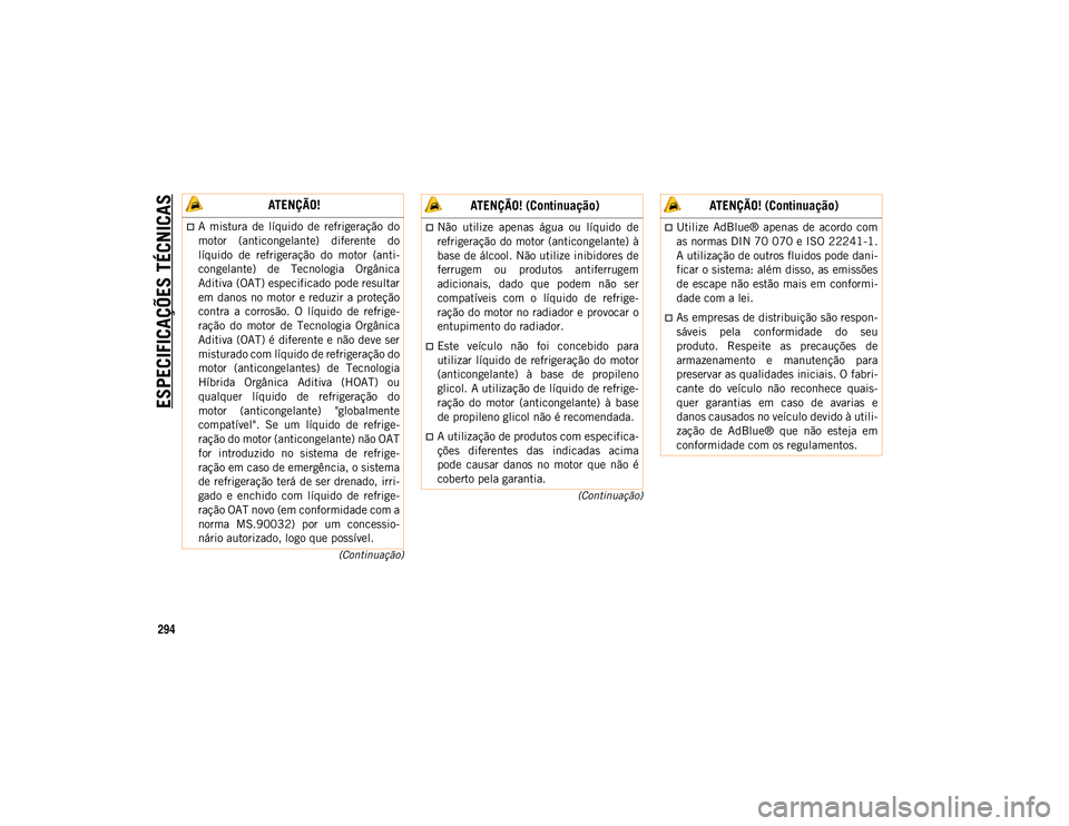 JEEP WRANGLER UNLIMITED 2021 Manual de Uso e Manutenção (in Portuguese) ESPECIFICAÇÕES TÉCNICAS
294
(Continuação)
(Continuação)
ATENÇÃO!
A mistura de líquido de refrigeração do
motor (anticongelante) diferente do
líquido de refrigeração do JEEP WRANGLER UNLIMITED 2021 Manual de Uso e Manutenção (in Portuguese) ESPECIFICAÇÕES TÉCNICAS
294
(Continuação)
(Continuação)
ATENÇÃO!
A mistura de líquido de refrigeração do
motor (anticongelante) diferente do
líquido de refrigeração do