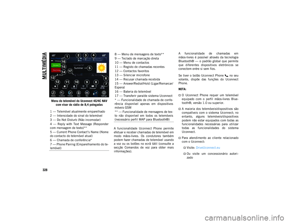 JEEP WRANGLER UNLIMITED 2021 Manual de Uso e Manutenção (in Portuguese) MULTIMÉDIA
328
Menu do telemóvel do Uconnect 4C/4C NAV com visor do rádio de 8,4 polegadas
A funcionalidade Uconnect Phone permite
efetuar e receber chamadas de telemóvel em
modo mãos-livres JEEP WRANGLER UNLIMITED 2021 Manual de Uso e Manutenção (in Portuguese) MULTIMÉDIA
328
Menu do telemóvel do Uconnect 4C/4C NAV com visor do rádio de 8,4 polegadas
A funcionalidade Uconnect Phone permite
efetuar e receber chamadas de telemóvel em
modo mãos-livres
