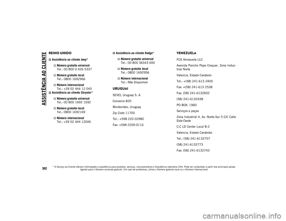 JEEP WRANGLER UNLIMITED 2021 Manual de Uso e Manutenção (in Portuguese) ASSISTÊNCIA AO CLIENTE
* O Serviço ao Cliente oferece informações e assistência para produtos, serviços, concessionários e Assistência rodoviária 24H. Pode ser contactado a partir dos princip JEEP WRANGLER UNLIMITED 2021 Manual de Uso e Manutenção (in Portuguese) ASSISTÊNCIA AO CLIENTE
* O Serviço ao Cliente oferece informações e assistência para produtos, serviços, concessionários e Assistência rodoviária 24H. Pode ser contactado a partir dos princip