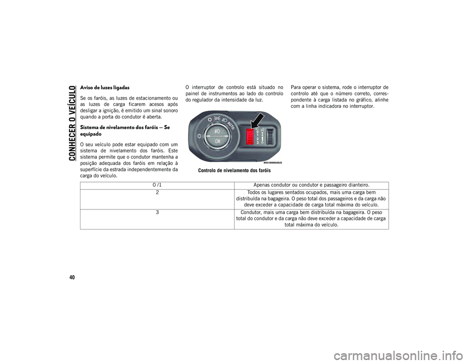 JEEP WRANGLER UNLIMITED 2020  Manual de Uso e Manutenção (in Portuguese) CONHECER O VEÍCULO
40
Aviso de luzes ligadas
Se  os faróis, as luzes de estacionamento ou
as  luzes  de  carga  ficarem  acesos  após
desligar a ignição, é emitido um sinal sonoro
quando a porta