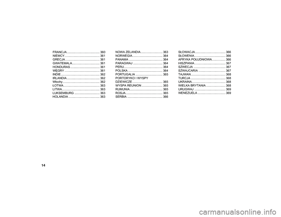 JEEP WRANGLER UNLIMITED 2021  Instrukcja obsługi (in Polish) 14
FRANCJA ....................................... 360
NIEMCY.......................................... 361
GRECJA ......................................... 361
GWATEMALA..............................