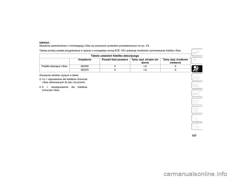 JEEP WRANGLER UNLIMITED 2021  Instrukcja obsługi (in Polish) 157
UWAGA:
Siedzenia samochodowe z homologacją i-Size są oznaczone symbolem przedstawionym na rys. XX.
Tabela poniżej została przygotowana w oparciu o europejską normę ECE 129 i pokazuje możliw